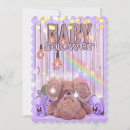 Teddybeer gouden glitter licht paarse baby shower kaart