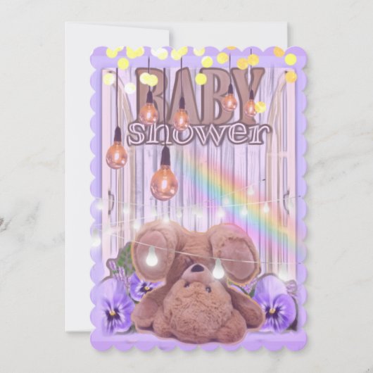 Teddybeer gouden glitter licht paarse baby shower kaart (Voorkant)