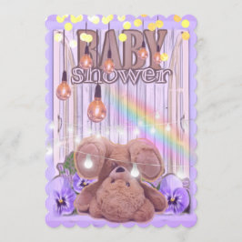 Teddybeer gouden glitter licht paarse baby shower kaart