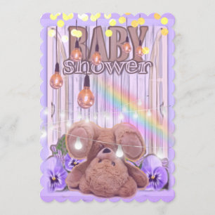 Teddybeer gouden glitter licht paarse baby shower kaart