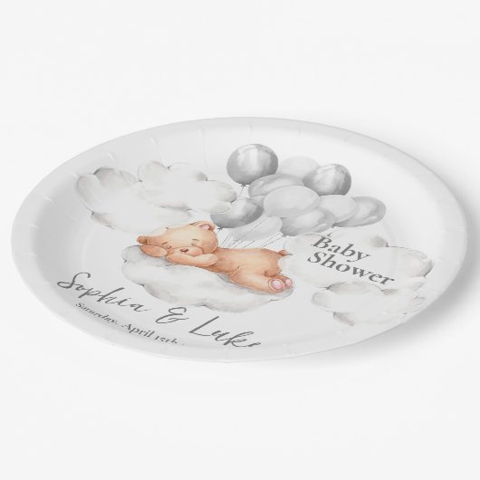 Teddybeer grijs ballonnen jongen Baby shower Papieren Bordje (Gekanteld)