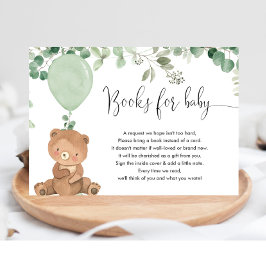 Teddybeer groen ballonboeken voor baby shower informatiekaartje