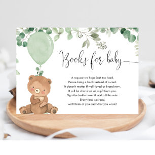 Teddybeer groen ballonboeken voor baby shower informatiekaartje