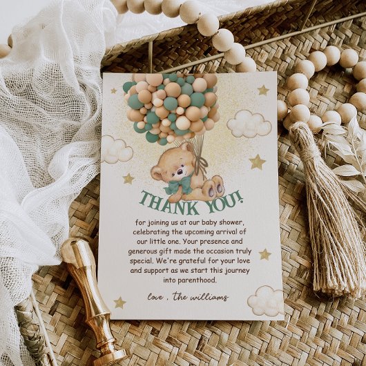Teddybeer Groen Bruin Baby shower Bedankkaart