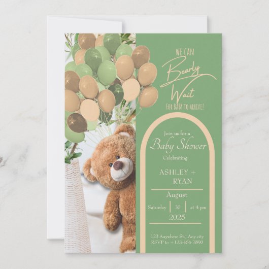 Teddybeer Groen en Bruin Baby shower Uitnodiging (Voorkant)