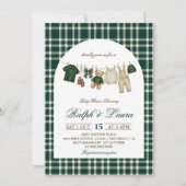 Teddybeer groen geruit jongens babyshower kaart (Voorkant)