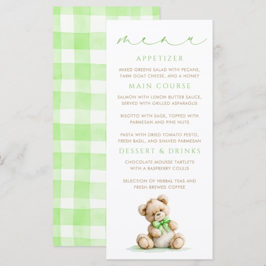 Teddybeer groen geruit patroon menukaarten menu (Voorkant / Achterkant)