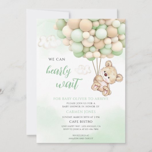 Teddybeer Groene Baby Shower Kaart (Voorkant)