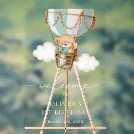 Teddybeer, groene ballon, eerste verjaardag welkom acryl bord