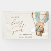 Teddybeer, groene ballon, eerste verjaardag welkom spandoek (Horizontaal)