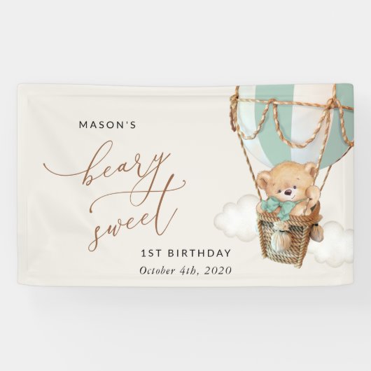 Teddybeer, groene ballon, eerste verjaardag welkom spandoek (Horizontaal)