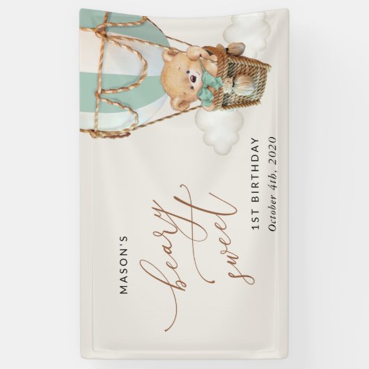 Teddybeer, groene ballon, eerste verjaardag welkom spandoek (Verticaal)