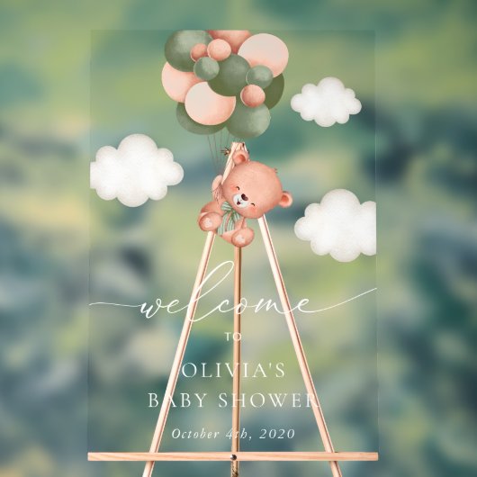 Teddybeer, groene ballonnen, Baby shower welkom Acryl Bord (Neutraal)