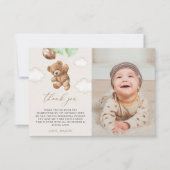 Teddybeer, groene ballonnen, eerste verjaardag bedankkaart (Voorkant)