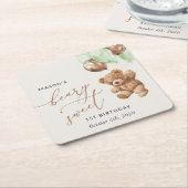 Teddybeer, groene ballonnen, eerste verjaardag kartonnen onderzetters (Schuin)