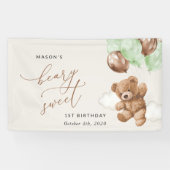 Teddybeer, groene ballonnen, eerste verjaardag wel spandoek (Horizontaal)