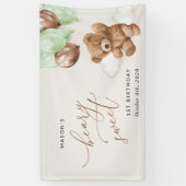 Teddybeer, groene ballonnen, eerste verjaardag wel spandoek (Verticaal)