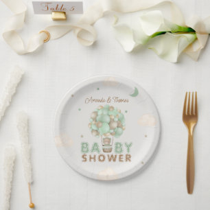 Teddybeer groene hete luchtballon baby shower papieren bordje
