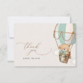 Teddybeer, groene heteluchtballon, Baby shower Bedankkaart (Voorkant)