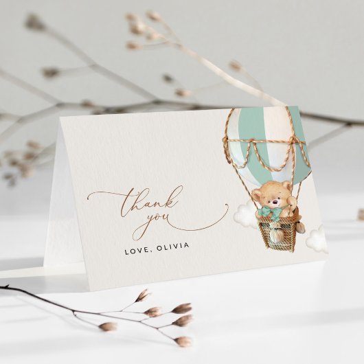 Teddybeer, groene heteluchtballon, Baby shower Bedankkaart