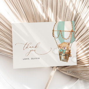 Teddybeer, groene heteluchtballon, Baby shower Bedankkaart