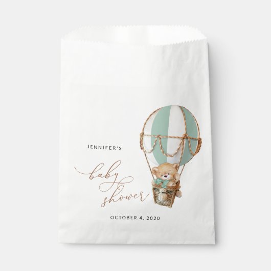 Teddybeer, groene heteluchtballon, Baby shower Bedankzakje (Voorkant)