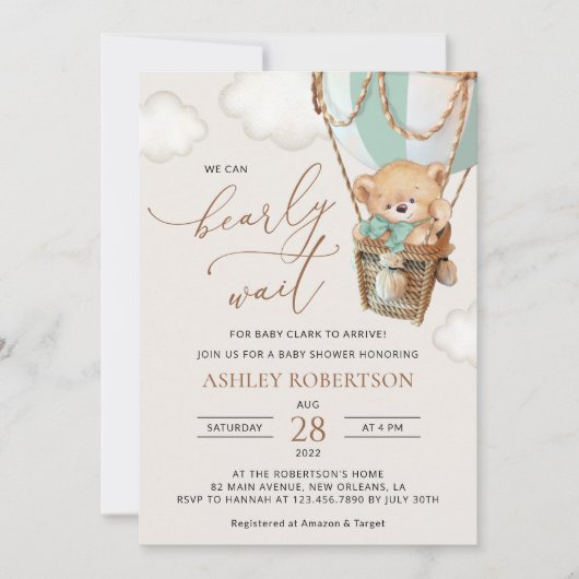 Teddybeer, groene heteluchtballon, Baby shower Kaart (Voorkant)