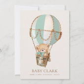 Teddybeer, groene heteluchtballon, Baby shower Kaart (Achterkant)