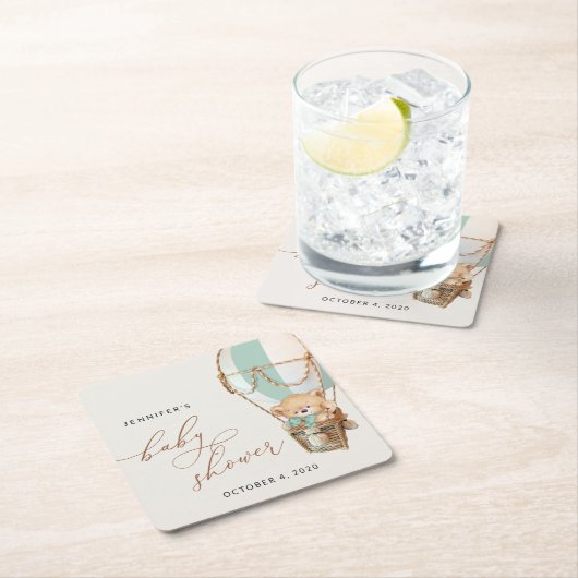 Teddybeer, groene heteluchtballon, Baby shower Kartonnen Onderzetters (Insitu)