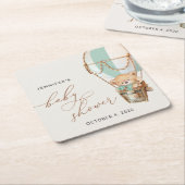 Teddybeer, groene heteluchtballon, Baby shower Kartonnen Onderzetters (Schuin)