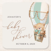 Teddybeer, groene heteluchtballon, Baby shower Kartonnen Onderzetters (Voorkant)