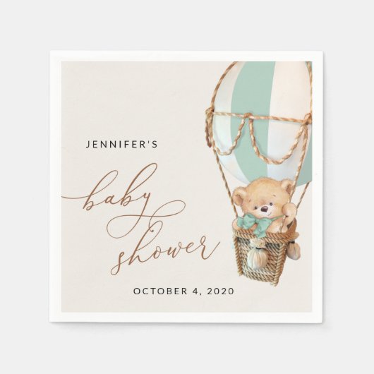Teddybeer, groene heteluchtballon, Baby shower Servet (Voorkant)