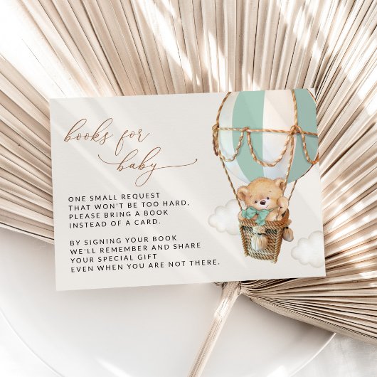 Teddybeer, groene heteluchtballon, boeken voor Bab Informatiekaartje