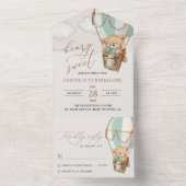 Teddybeer, groene heteluchtballon, eerste verjaard all in one uitnodiging (Binnen)