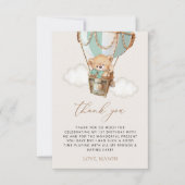 Teddybeer, groene heteluchtballon, eerste verjaard bedankkaart (Voorkant)