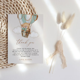 Teddybeer, groene heteluchtballon, eerste verjaard bedankkaart