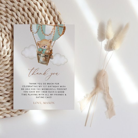 Teddybeer, groene heteluchtballon, eerste verjaard bedankkaart