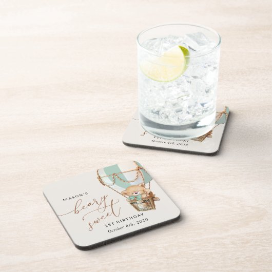 Teddybeer, groene heteluchtballon, eerste verjaard bier onderzetter (Rechterzijde)