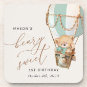 Teddybeer, groene heteluchtballon, eerste verjaard bier onderzetter (Voorkant)