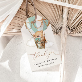 Teddybeer, groene heteluchtballon, eerste verjaard cadeaulabel