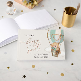 Teddybeer, groene heteluchtballon, eerste verjaard gastenboek