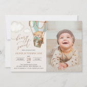 Teddybeer, groene heteluchtballon, eerste verjaard kaart (Voorkant)