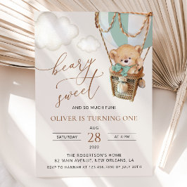 Teddybeer, groene heteluchtballon, eerste verjaard kaart