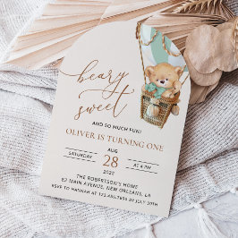 Teddybeer, groene heteluchtballon, eerste verjaard kaart