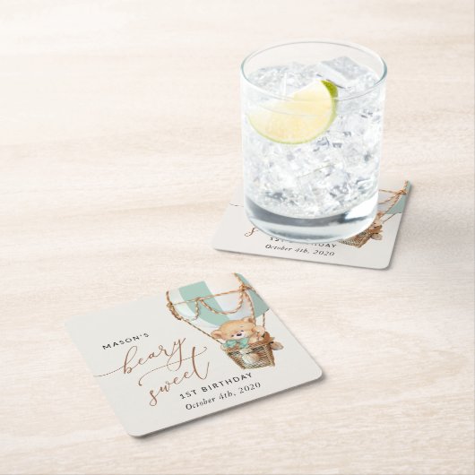 Teddybeer, groene heteluchtballon, eerste verjaard kartonnen onderzetters (Insitu)