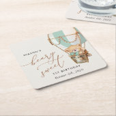 Teddybeer, groene heteluchtballon, eerste verjaard kartonnen onderzetters (Schuin)