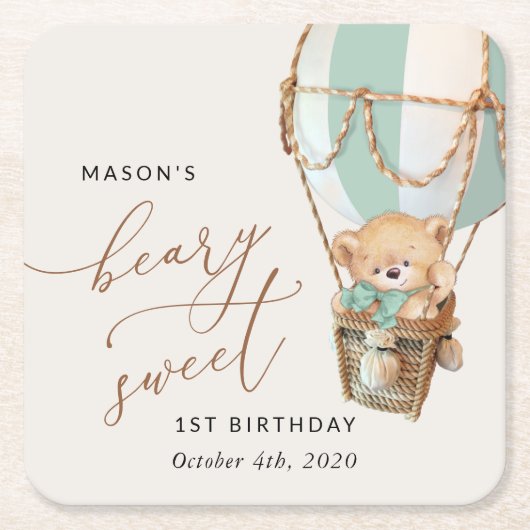 Teddybeer, groene heteluchtballon, eerste verjaard kartonnen onderzetters (Voorkant)