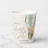 Teddybeer, groene heteluchtballon, eerste verjaard papieren bekers (Achterkant)