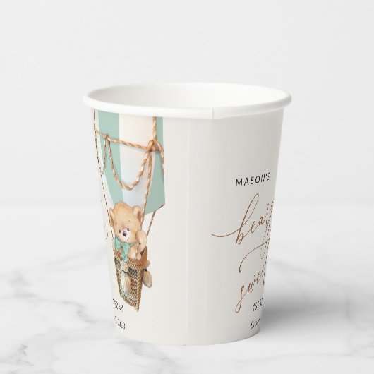 Teddybeer, groene heteluchtballon, eerste verjaard papieren bekers (Rechts)