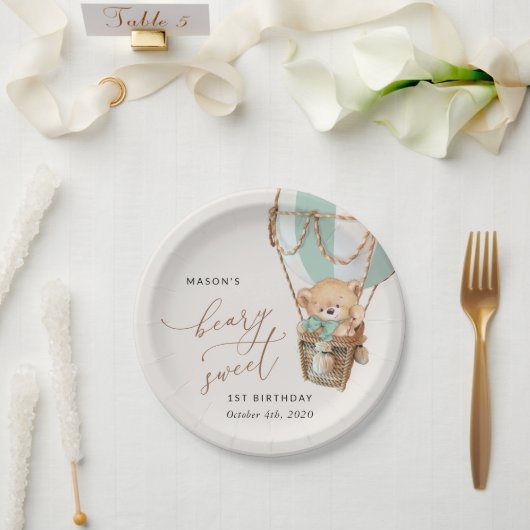 Teddybeer, groene heteluchtballon, eerste verjaard papieren bordje (Huwelijk)